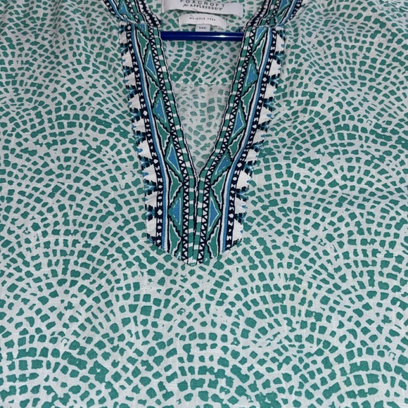 Foxcroft for Appleseed’s Wrinkle Free Y-neck Tunic green white mosaic cotton 14P - Picture 6 of 16